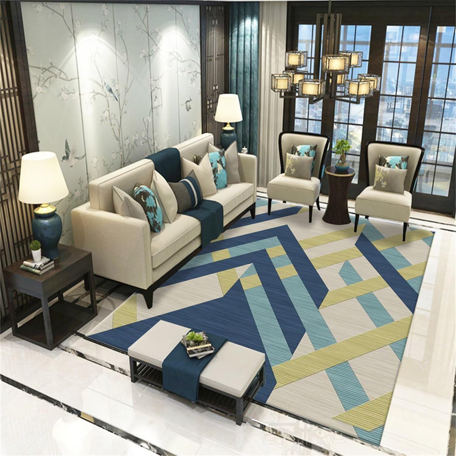 Tapis bleu vert 180x200cm géométrie moderne poil court XXL salon