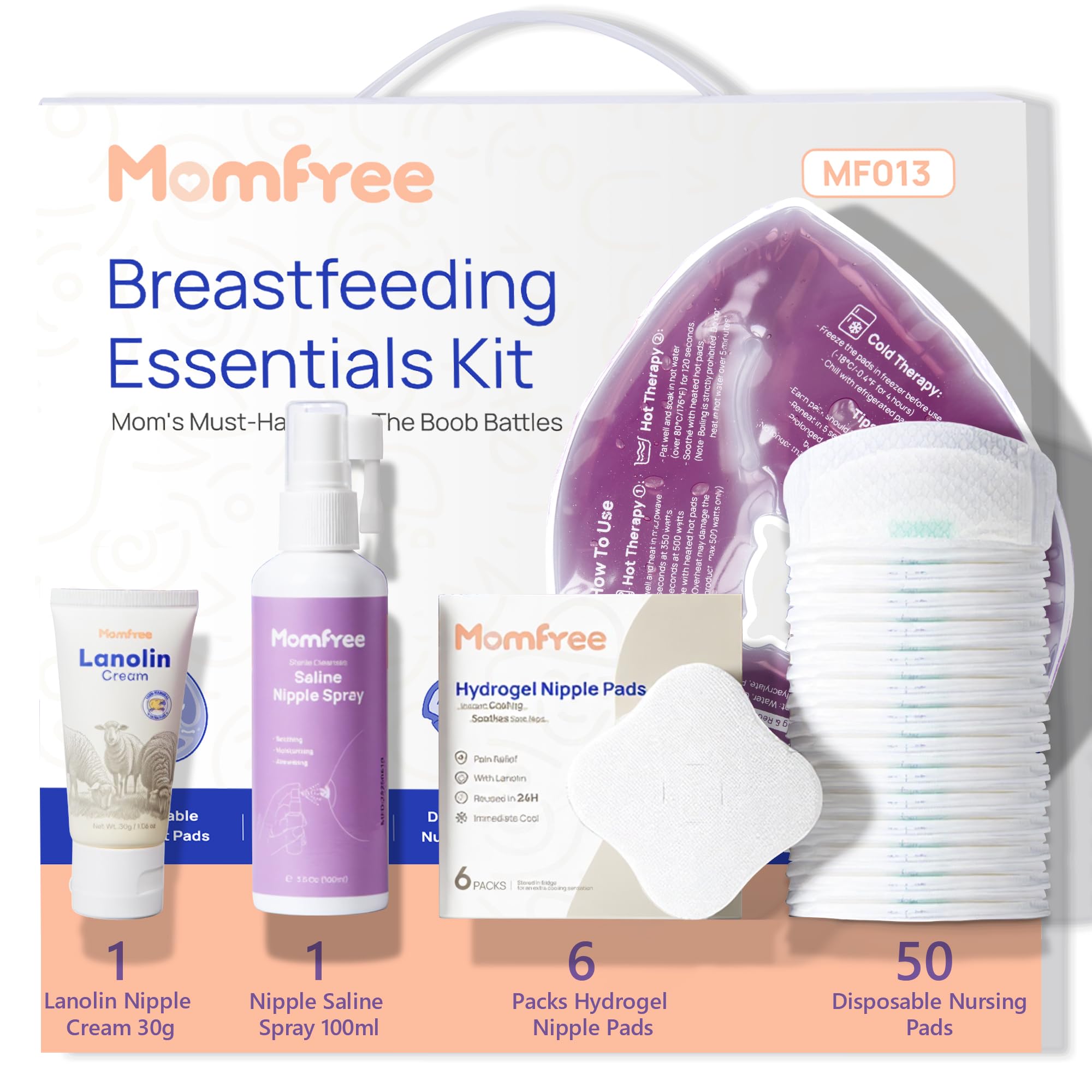 Kit esencial para la lactancia materna para madres lactantes. Alivio para pezones. Set de regalo de 60 piezas con compresas reutilizables de frío y calor para el pecho. Discos de hidrogel para pezones. Crema de lanolina para pezones. Discos de lactancia. Espray salino para pezones.