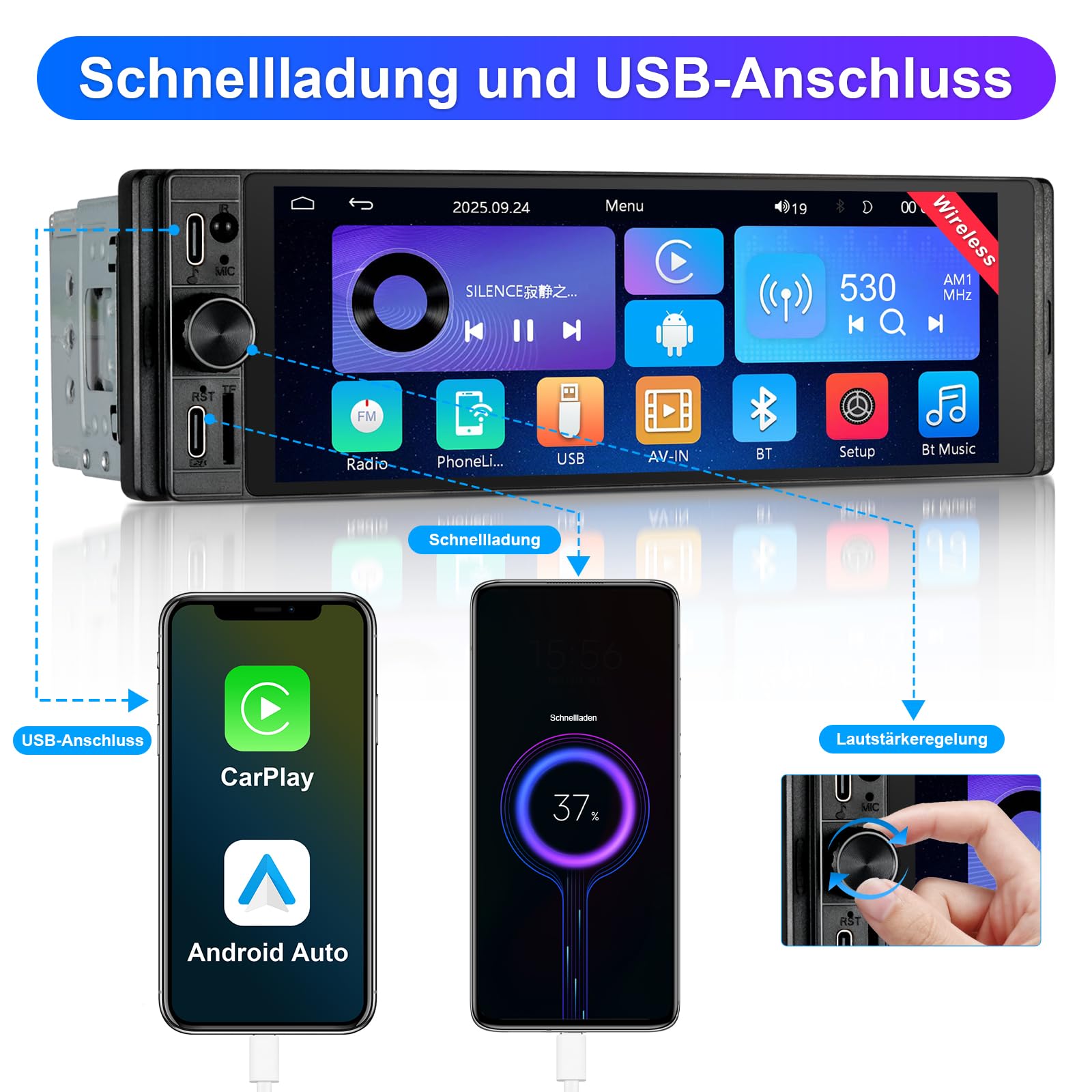 1 DIN Radio Kompatibel mit Wireless CarPlay & Android Auto, Autoradio 1Din mit 6,28 Zoll HD Bildschirm, Navi, Bluetooth, AM/FM/RDS, TF, AUX, SWC