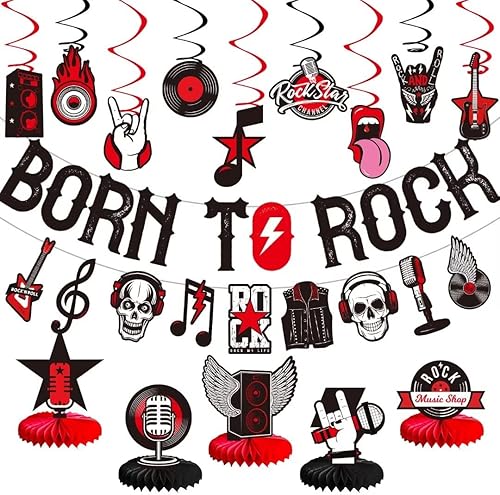 LARRAZABAL Las decoraciones de fiesta de rock and roll incluyen pancarta con purpurina Born to Rock, remolinos colgantes de rock and roll y centros