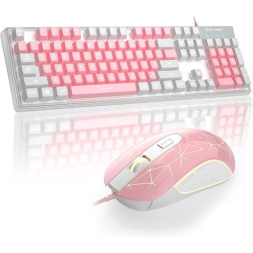 Gaming Keyboard and Mouse Combo, K1 7 Colors LED Backlit with 104 Keys Computer Keyboard for PC/Laptop (White & Pink)