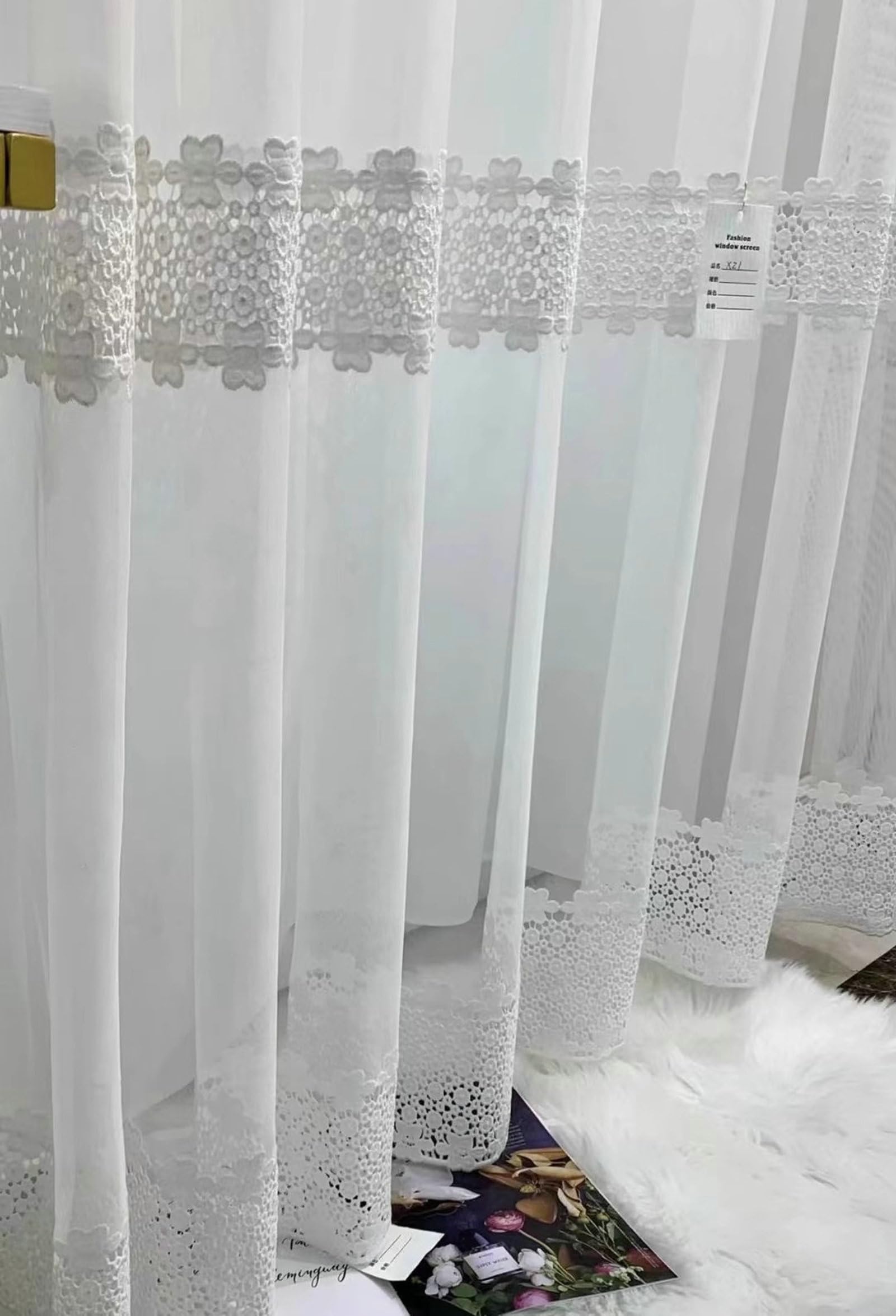 Rideau Fenêtre Salon, 107x244cm Fleurs en Dentelle brodées Rideaux filtrant la lumière pour Le Salon de la Chambre en Polyester Coton, Blanc