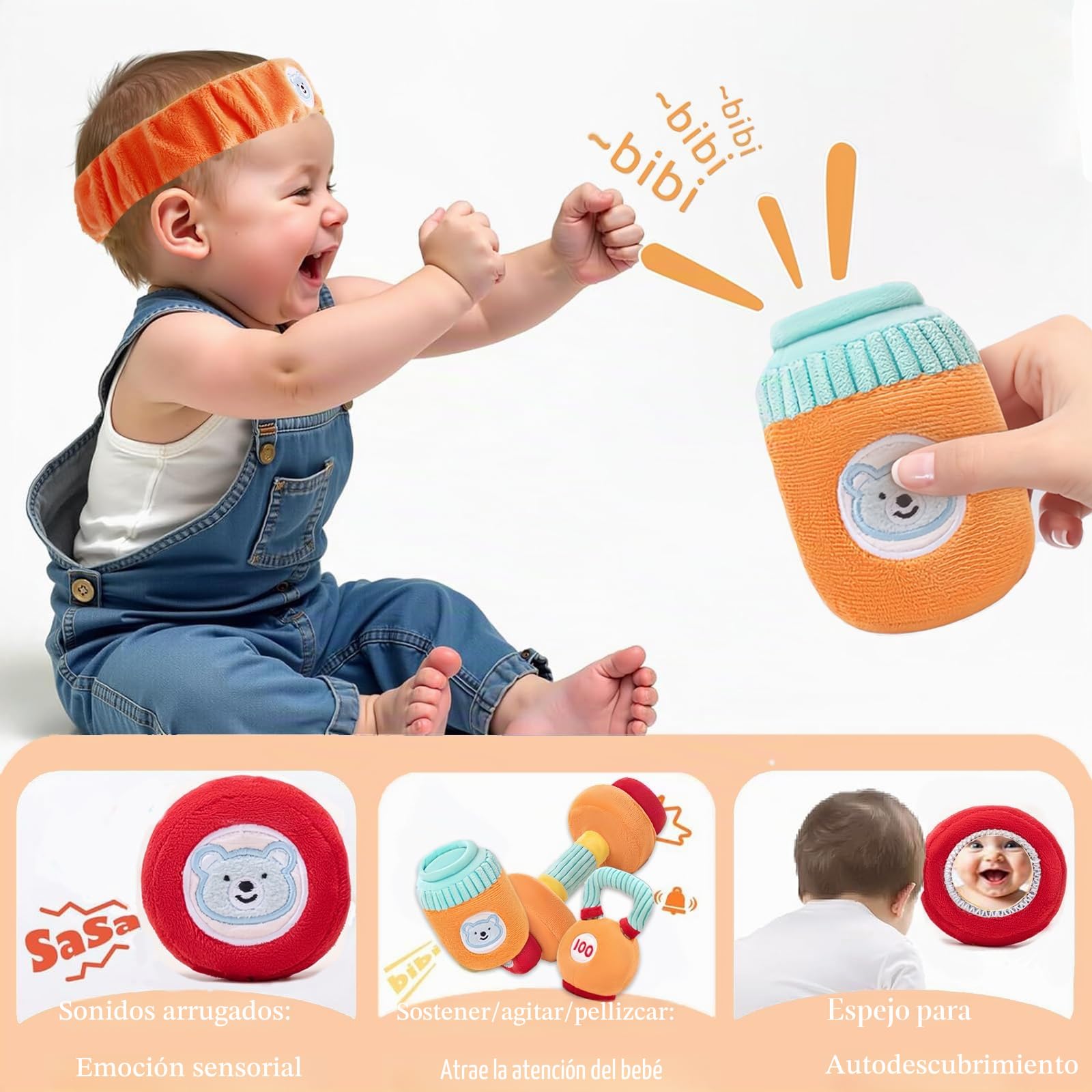 Juego de Juguetes de Fitness para Bebés de 6 Piezas, Juguetes Bebes 0-3 Meses - Juguetes Sensoriales con Mancuernas/Bolsos/Sacos de Arena/Hervidor de Agua, Montessori Bebe 0 a 6 Meses