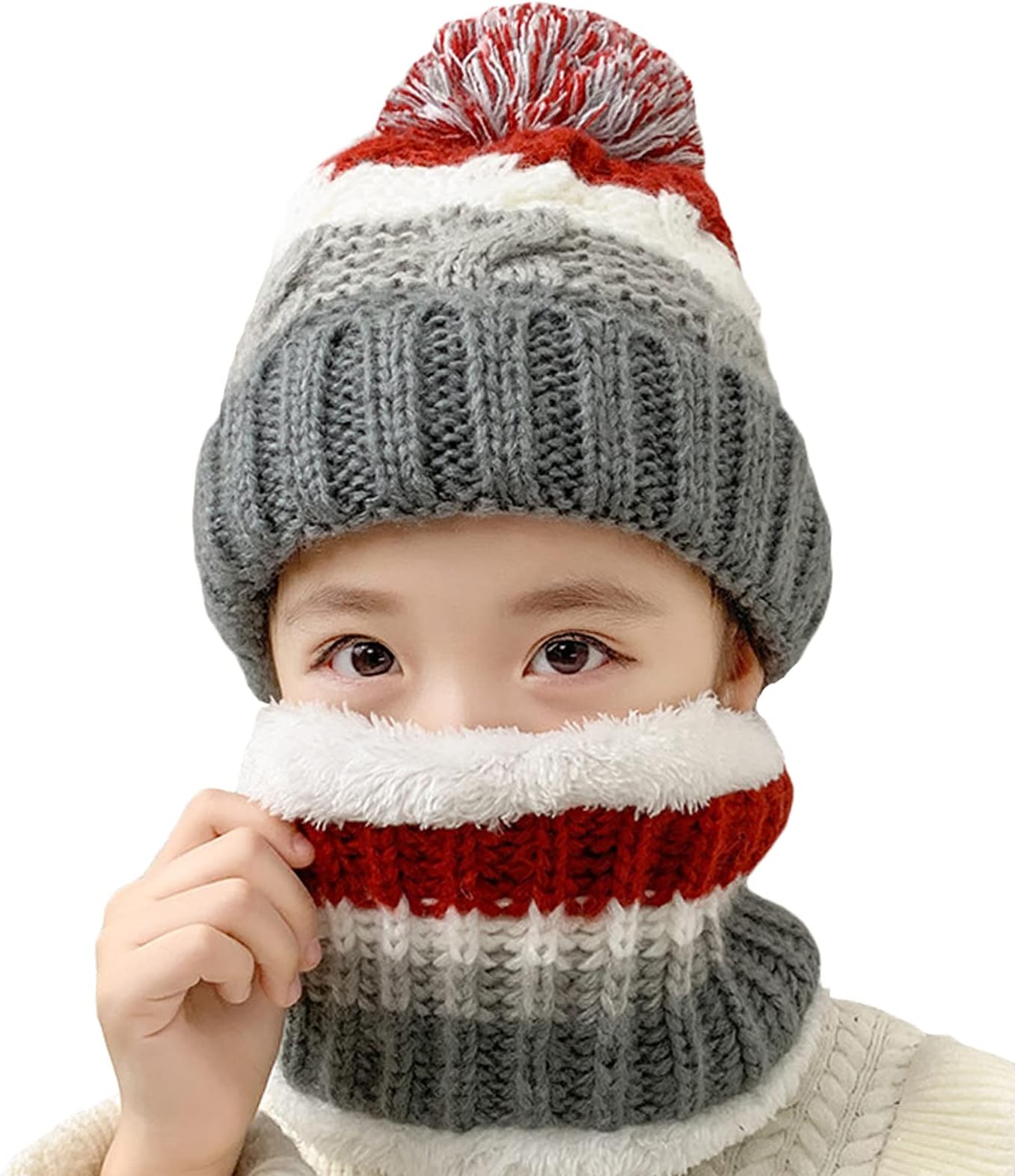 T WILKER2Pcs Kids Winter Knitted Hats+Scarf Set Warm Fleece Lining Cap for Girls