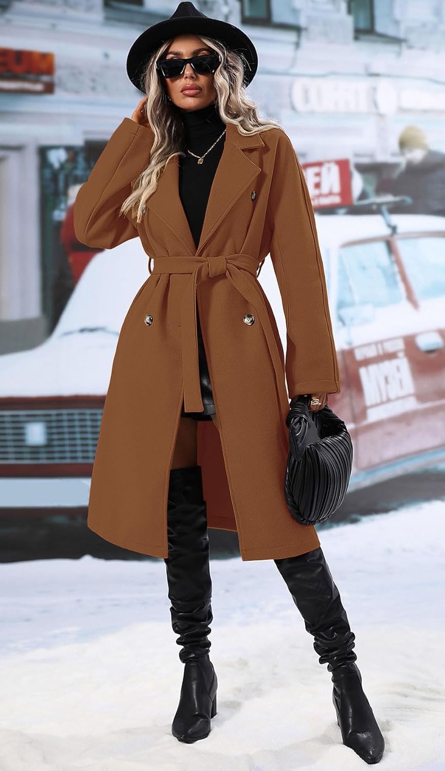 SAUKOLE Women's Trendy Lapel Collar Double Breasted Wool Blend Coats Winter Pea Overcoat Pocketed Outwear with Belt - Image 3
