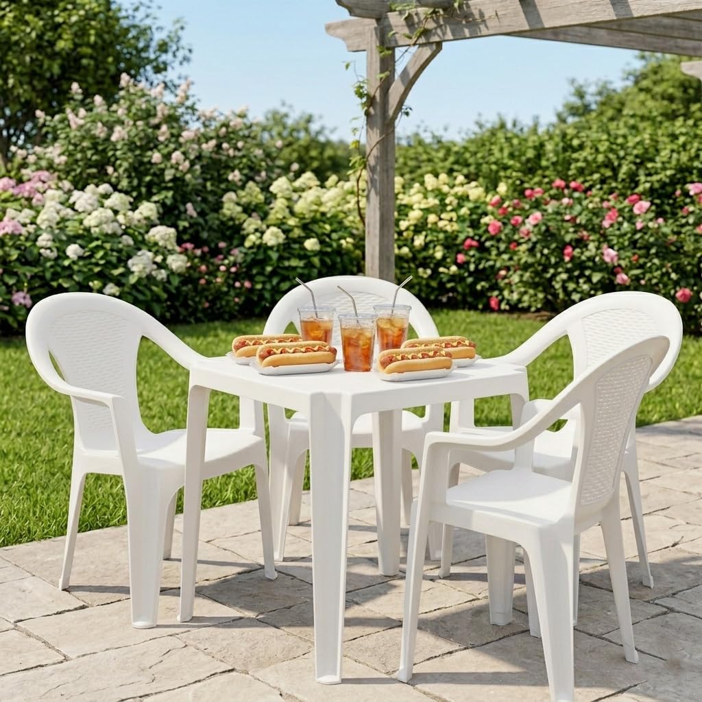 Spetebo Stapelbarer Gartenstuhl in weiß - Monoblock in Rattan Optik aus Kunststoff - Stapelstuhl Kunststoffstuhl (4 Stück - weiß)