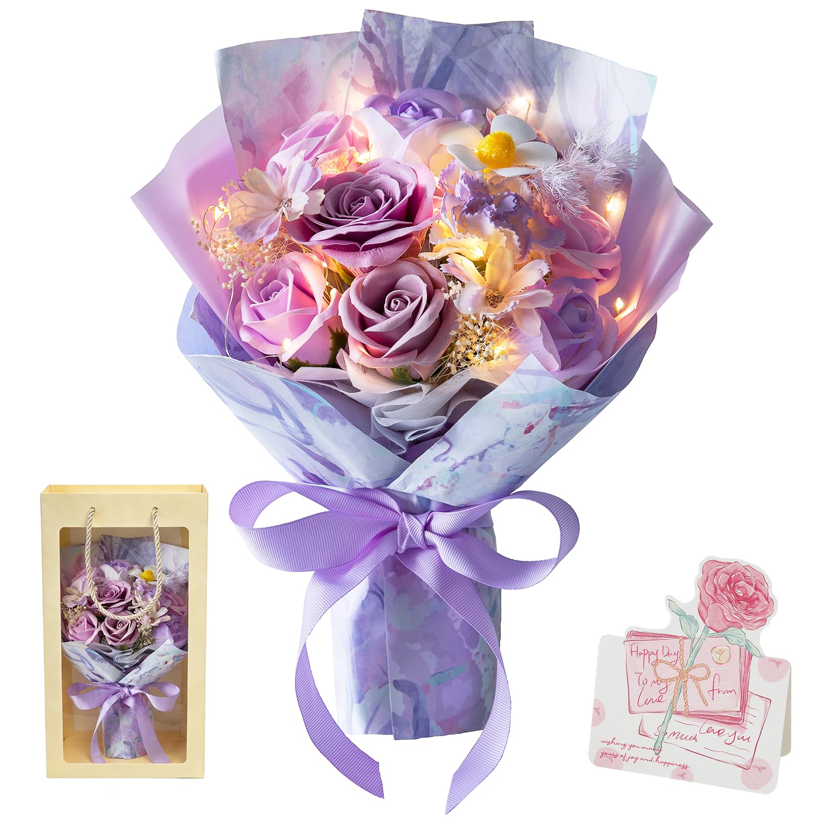 ソープフラワー 花束 シャボンフラワー 造花 ギフトセット LED ライト 付き バレンタインデー 誕生日 母の日 父の日 記念日 先生の日 バレンタインデー 昇進 インテリア 転居など最適としてのプレゼント （パープル）