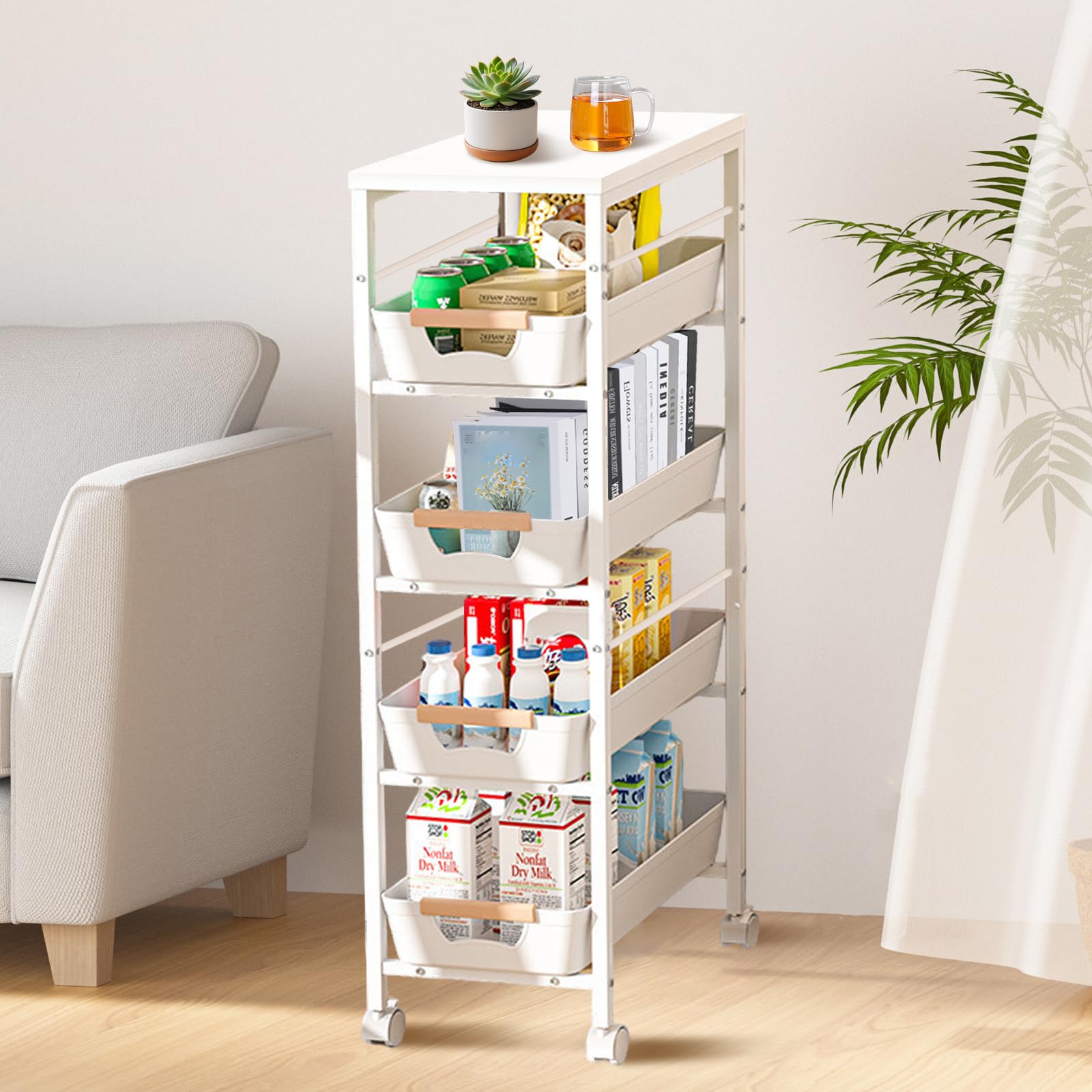 Carrito de Cocina de 5 niveles, Carrito Auxiliar con Ruedas Marco de Metal con 4 Cajones Extraíbles Carrito de Almacenamiento con Tablero de Madera para Baño, Cocina, Lavandería