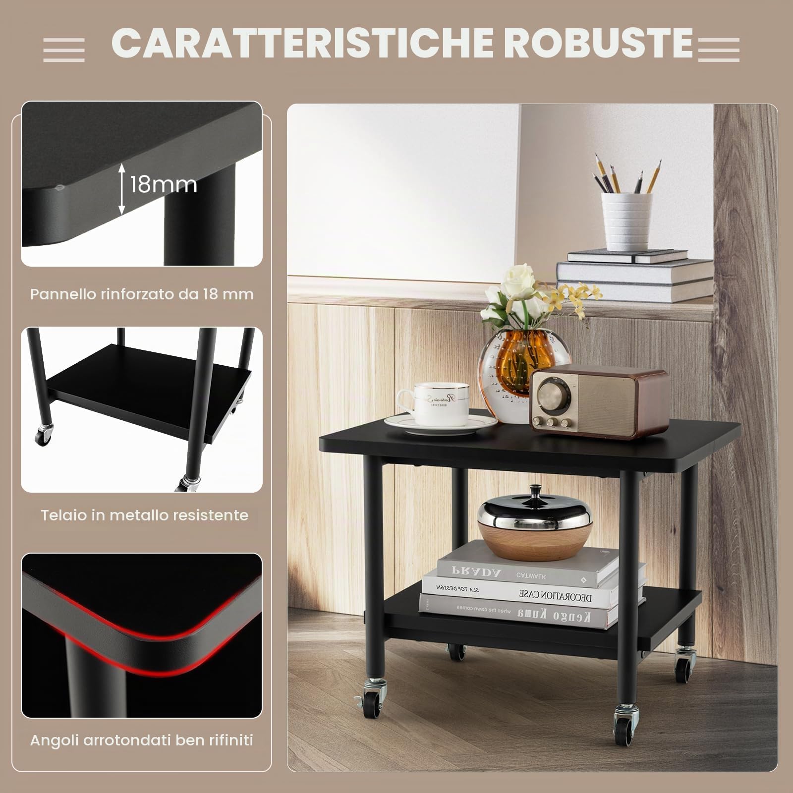 GIANTEX Carrello Stampante con 2 Ripiani, Mobile Ripiano per Stampante, Supporto per Stampant Girevole, Scaffale a 2 Livelli, Portaoggetti con Ruote, 3 Colori (Nero)