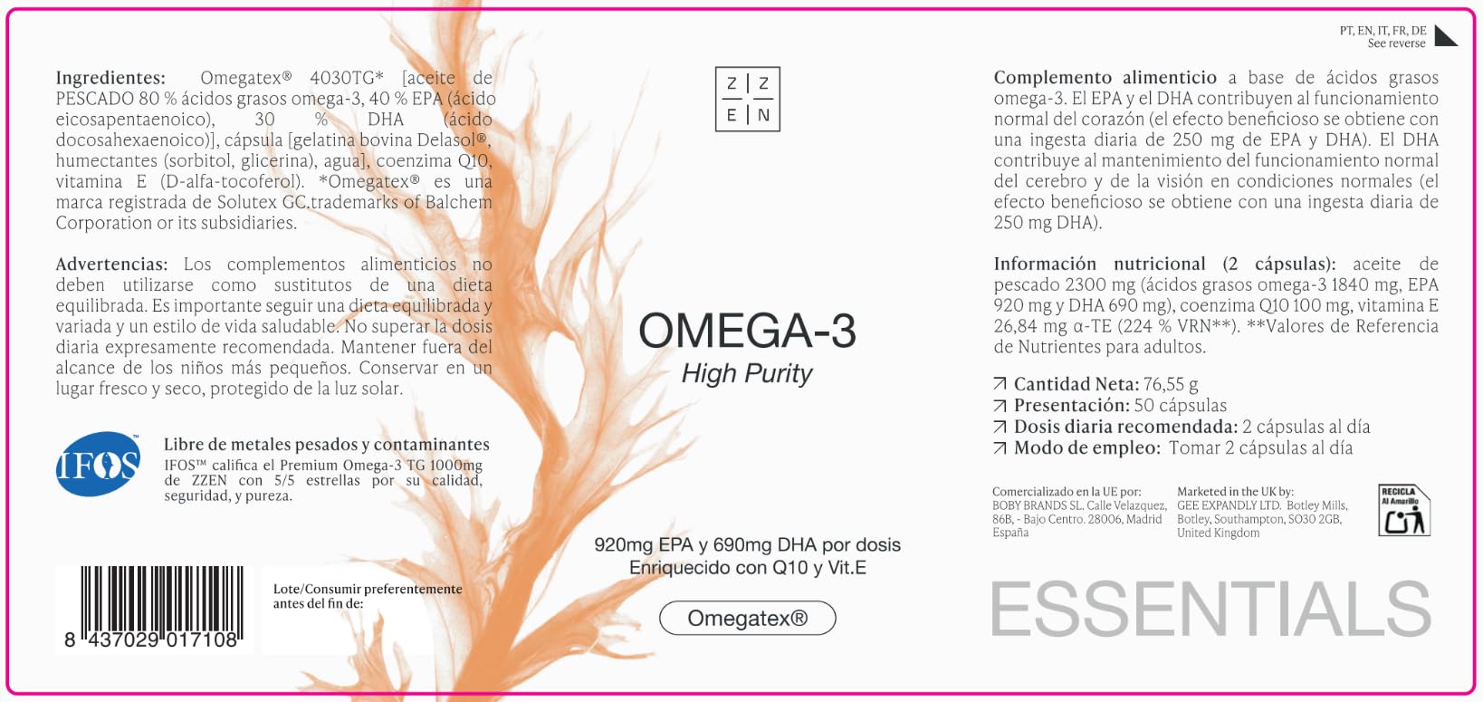 ZZEN - Omega 3 IFOS da 1840 mg | EPA (920 mg) e DHA (690 mg) con Coenzima Q10 (100 mg) e Vitamina E, Cuore, Funzione Cerebrale e Vista, 50 Perle ad Alta Concentrazione e Biodisponibilità (Set di 3)