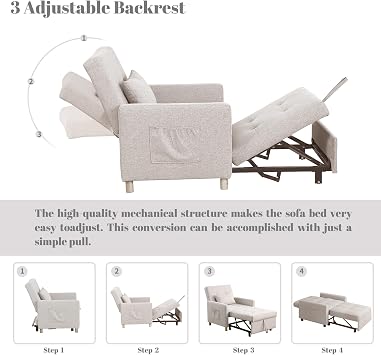 Convertible Sleeper Sofa Chair Bed,3-in-1 Sleeper Chair Bed with Pillow,Pull Out Single Armchair Sofa Bed with Adjustable Backrest, Multi-Functiona Lounge Chair for Living Room (Beige)