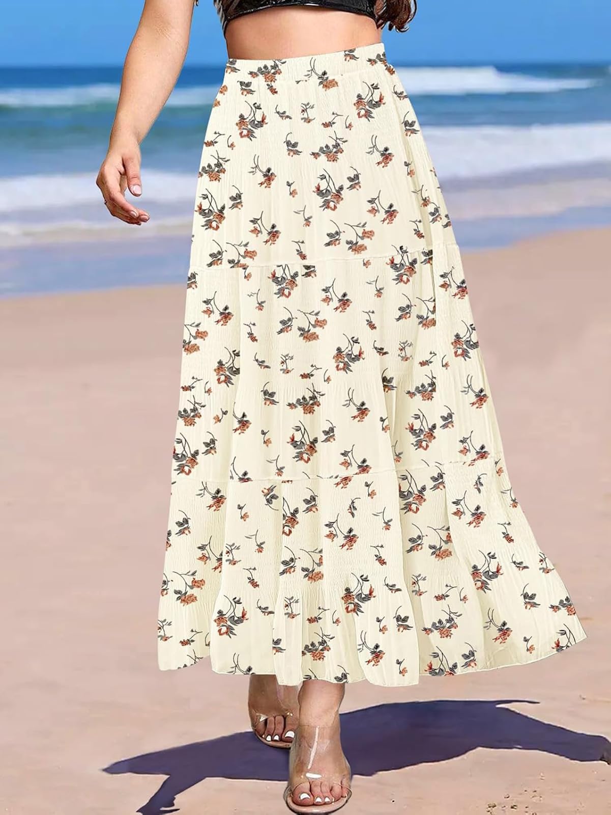 comefohome Maxi gonne da donna UK pieghettate lunghe e fluide chiffon elastico in vita a strati gonna estiva da donna