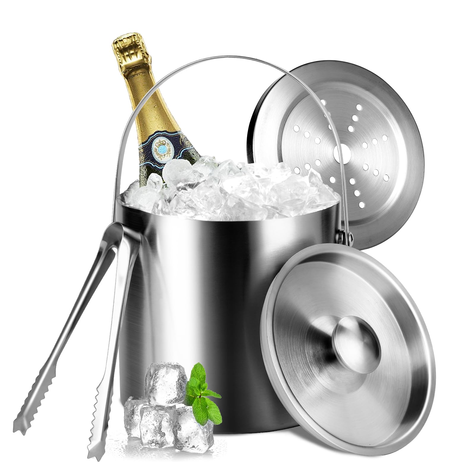 3L Secchiello per Ghiaccio a Doppia Parete in Acciaio Inox, Secchiello per Ghiaccio con Coperchio, Secchiello Ghiaccio Champagne in Acciaio Inox a Doppio Strato, Ideale per Famiglie e Bar
