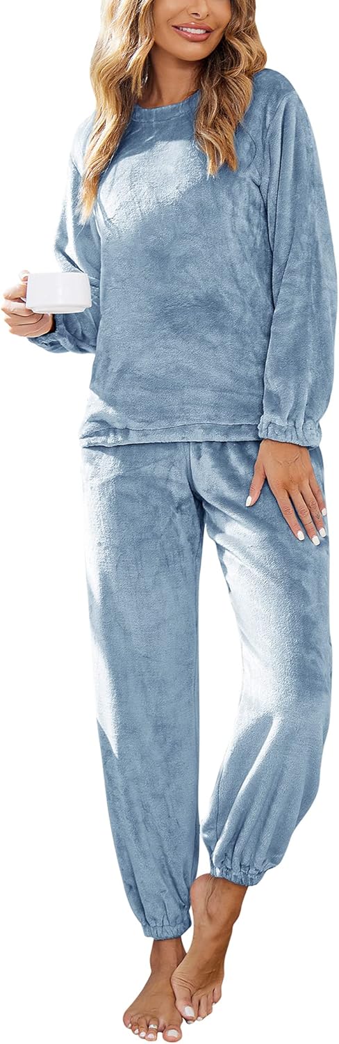 Ekouaer 2022 Women Fleece Pajama Sets Long Sleeve Tops and Pants PJ Sets Joggers Plush Loungewear Sleepwear S-3XL