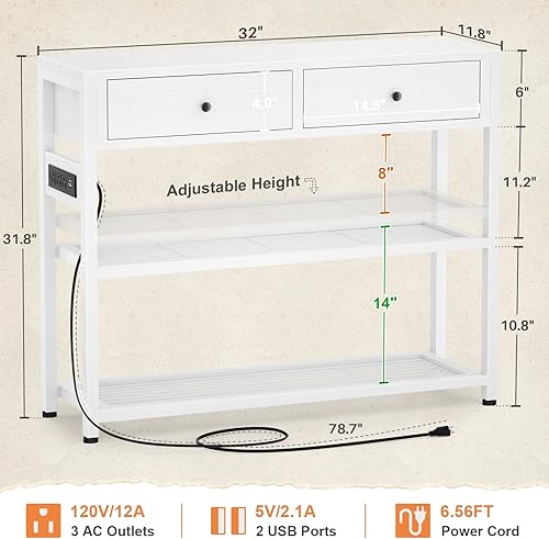 Miniatura 3 de Ecoprsio Mesa de entrada con salidas y puertos USB, mesa consola con 2 cajones, mesa de sofá pequeña con estantes de almacenamiento para sala de