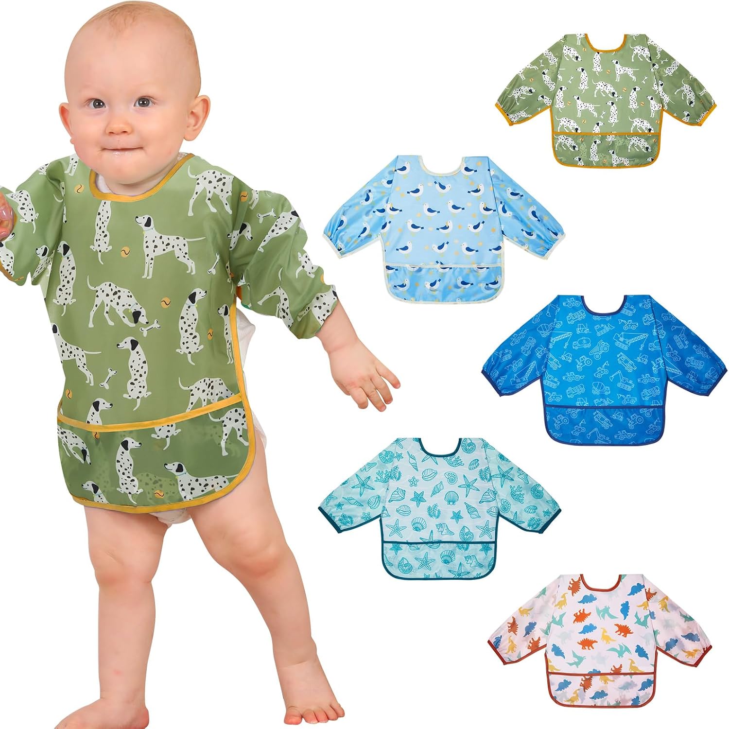 Lictin Long Sleeve Bibs 5 Pack - Baby Bibs, Waterproof Toddler Bibs, Baby Smock for Eating, Baby Bibs for Feeding Teething