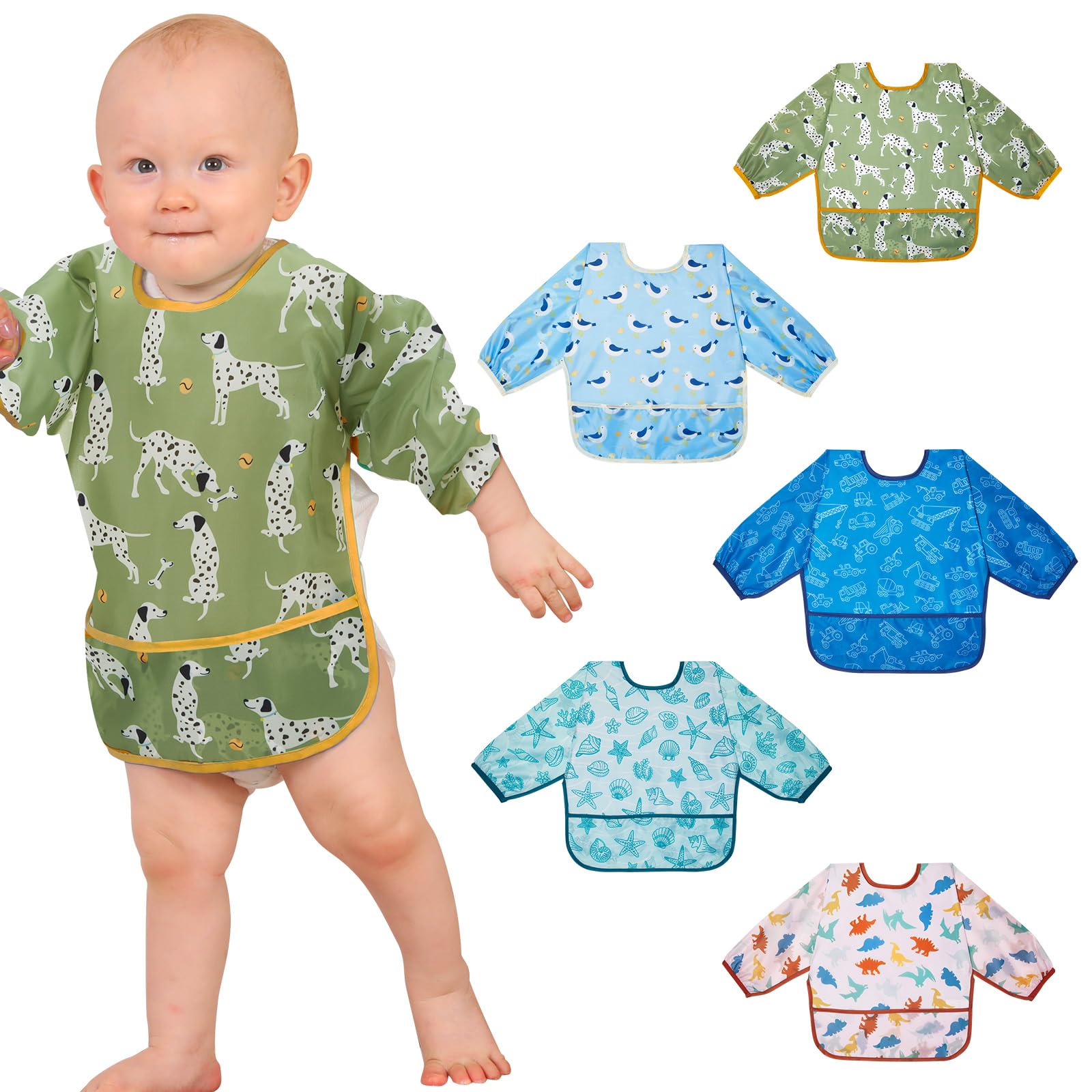 Lictin 5 pezzi Bavaglino a Manica Lunga - Bavaglino Impermeabile per bambini Piccoli Da 6 mesi a 24 mesi bambino,Scollo regolabile