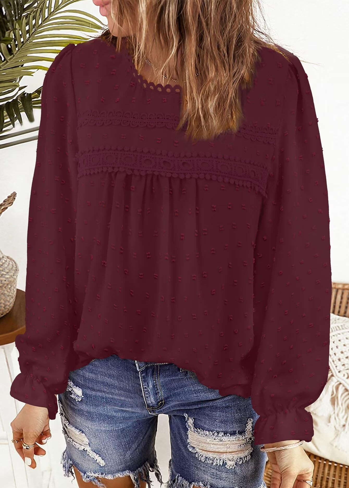 Top Damen Boho Bluse Langarmshirt Oberteile Elegant Rundhals T-Shirt