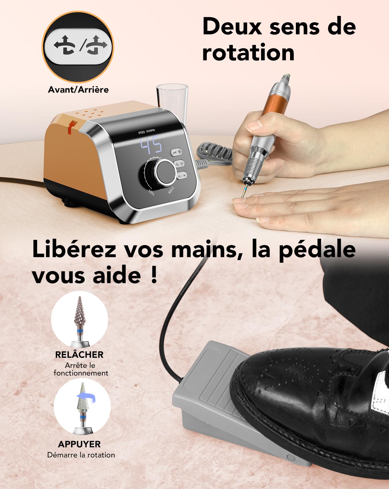 Ponceuse pour Ongles Professionnel: 45000 RPM Ponceuse Ongle avec Pédale & Écran LED, Vitesse Réglable F/R, 10 en 1 Lime a Ongle Electrique pour Acrylique/Gel, Ponceuse Manucure pour Salon/Maison