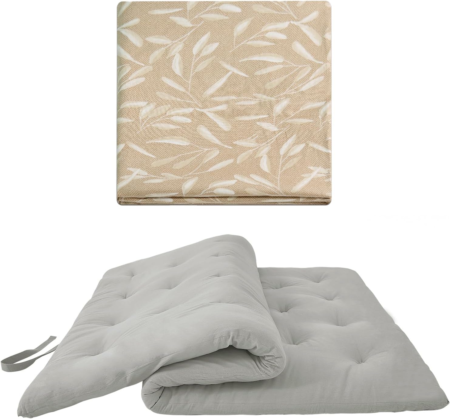 ZonLi Japanese Floor Futon Mattress Full Size 54"x 80"(Grey),with Futon Mattress Cover54'' x 84''Full Size(Beige Leaves)