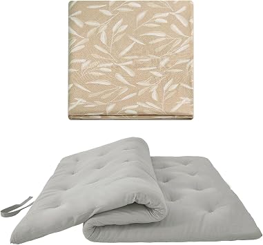 ZonLi Japanese Floor Futon Mattress Full Size 54"x 80"Light Grey,with Futon Mattress Cover 58 x 84 Full SizeBeige Leaves