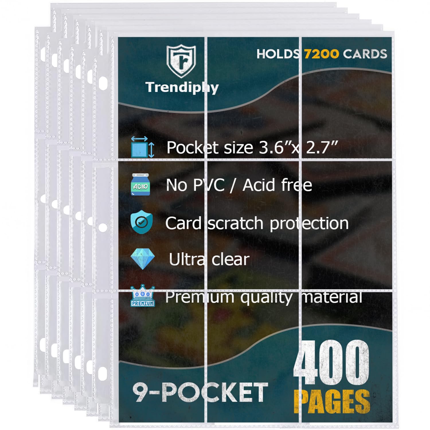 7200 Pockets Sammelkartenhüllen, Premium 9 Pocket 200 Blatt, doppelseitige langlebige Non-PVC-Hüllen, passend für MTG, PKM, Baseball, Fußball, Hockey & Sportkarten, passend für 3-Ringbuch (400 Blatt)