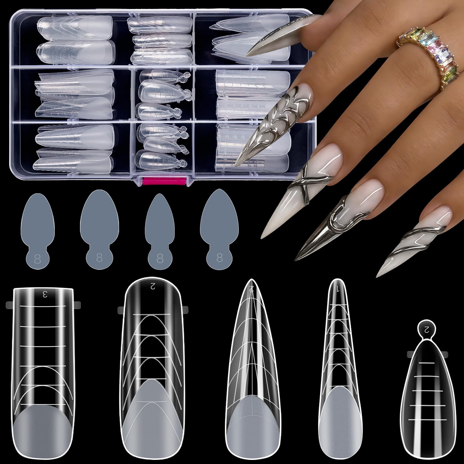 MELLIEX Zestaw 120 Dual Nail Forms do przedłużania paznokci 5 foremek, żelowe formy do paznokci, zestaw 48 naklejek do paznokci UV i akrylu