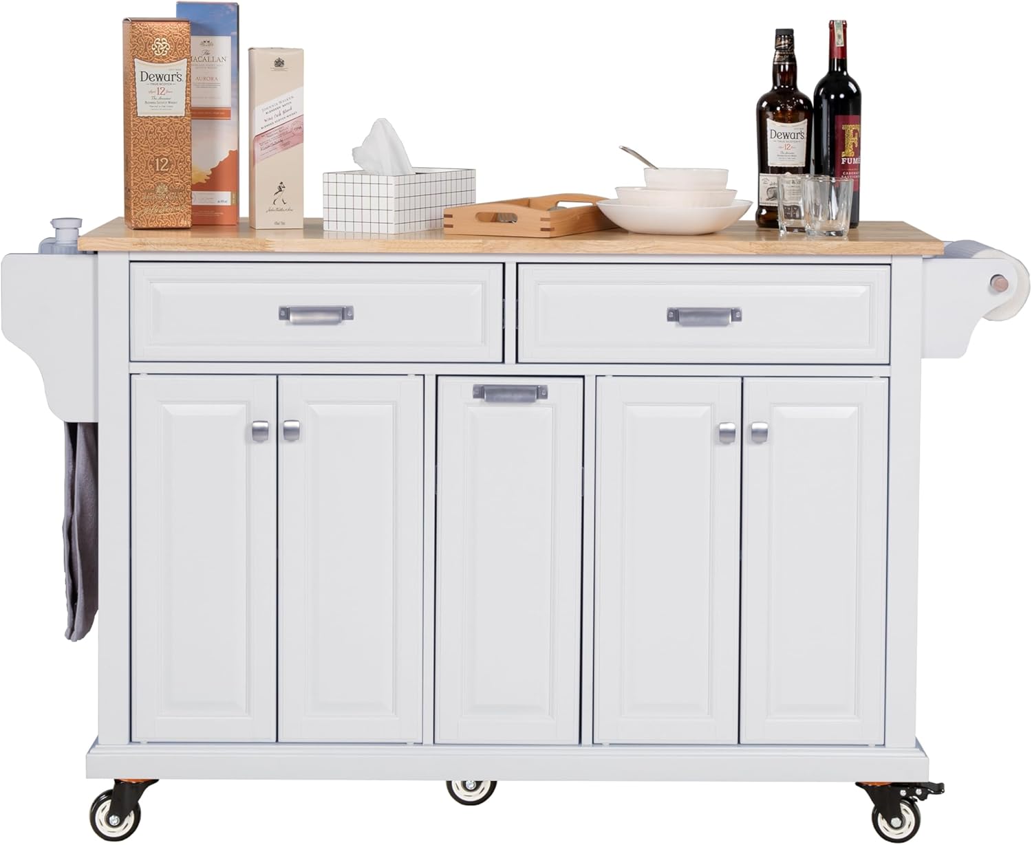Rolling Solid Wood Kitchen Island with Rubberwood Top, 3 Drawers, 2 Cabinets, Adjustable Shelves, Spice Rack & Locking Wheels – Painted Finish, White