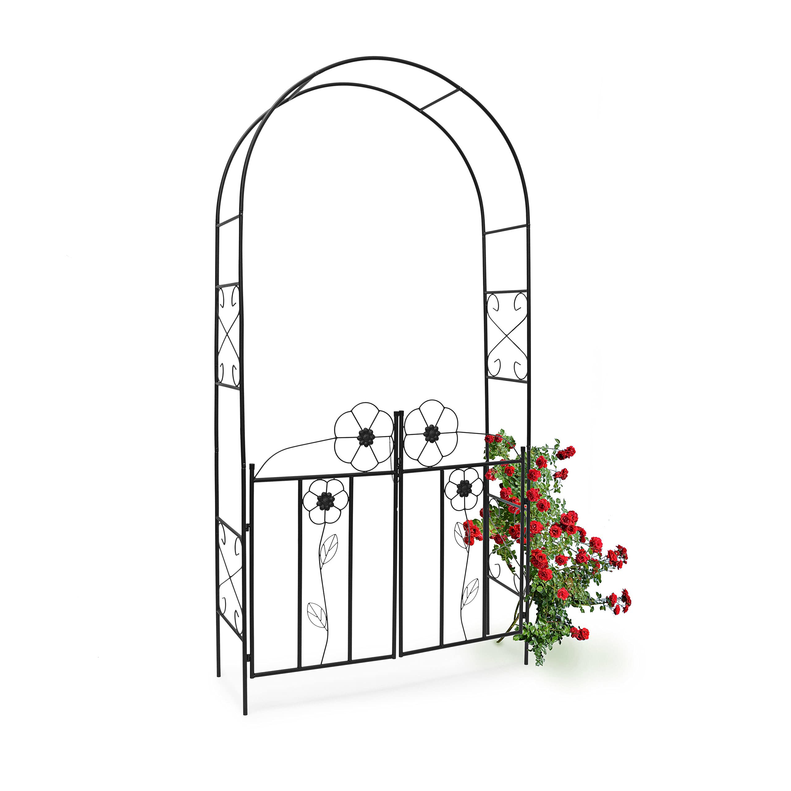 Relaxdays Rosenbogen mit Tor HBT 228 x 116 x 36,5 cm Torbogen aus pulverbeschichtetem Eisen mit schöner Verzierung und Tür-Flügeln Rankgitter und Rankhilfe für Rosen & Kletterpflanzen, schwarz