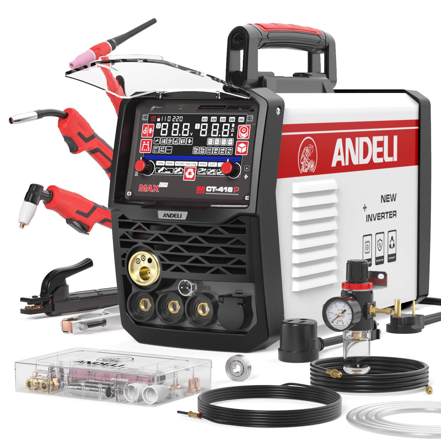 ANDELI Plasma Cutter Welder Combo 160Amp Pulse MIG/HF TIG/HF Cut/Stick/Flux Core 6-in 1 Multi-Process Welder 110V/220V Dual Voltage Aluminium MIG Welding Machine Multi-Functional Welder MCT-416P