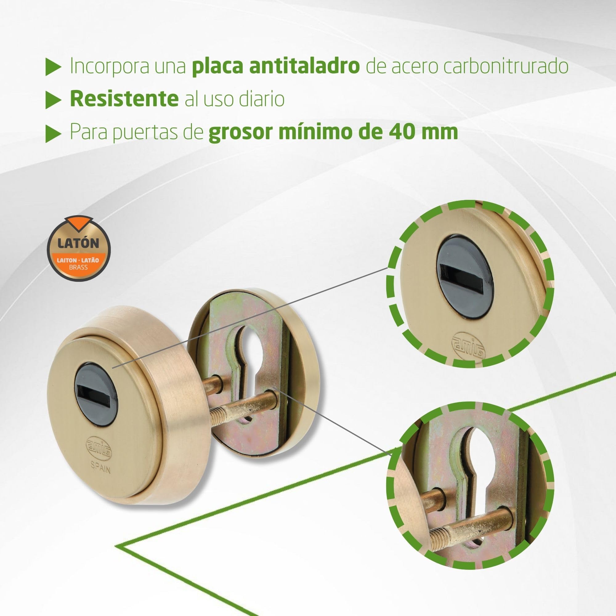 Amig - Escudo Redondo de Seguridad para Cerraduras Mod. 40 - Ø 65 mm - Con Placa Antitaladro y Tuercas Antirrobo - Anillo Exterior Macizo - Latón Acabado en Mate