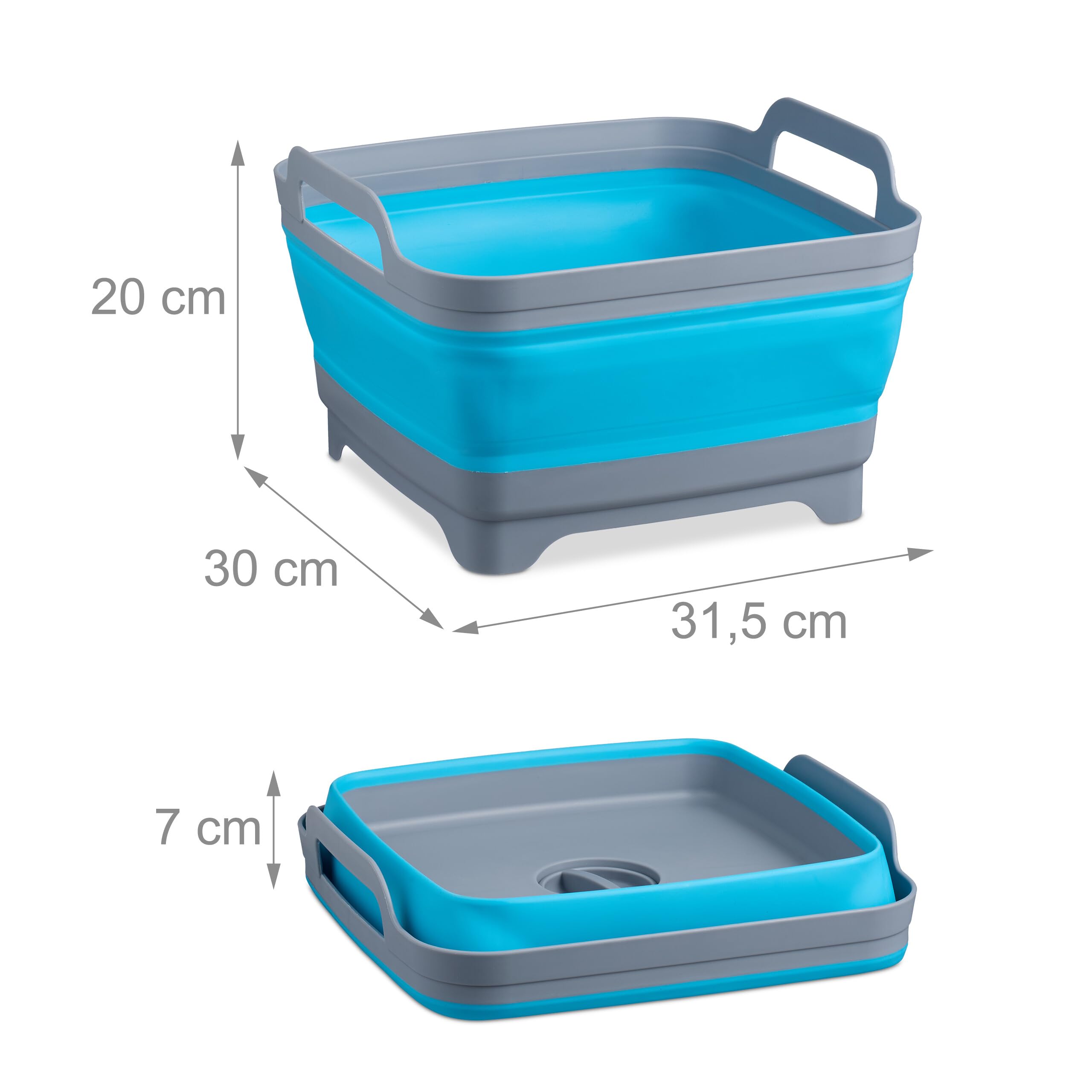 Relaxdays Bacinella Pieghevole, Catino da 9 L, Lavandino Portatile Campeggio, Vaschetta con Scarico e Manici, Blu Grigio