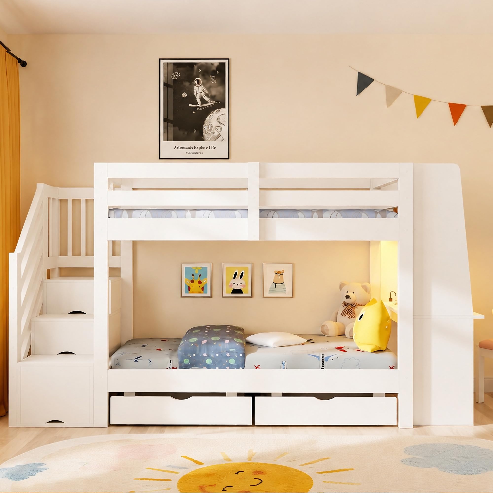 Etagenbett für Kinder, 90 x 200 cm, Holzrahmen mit Leiter, integriertem Schreibtisch, LED-Lichtleiste, Steckdose und Schubladen. Geeignet für Jugendliche und Erwachsene.Weiß