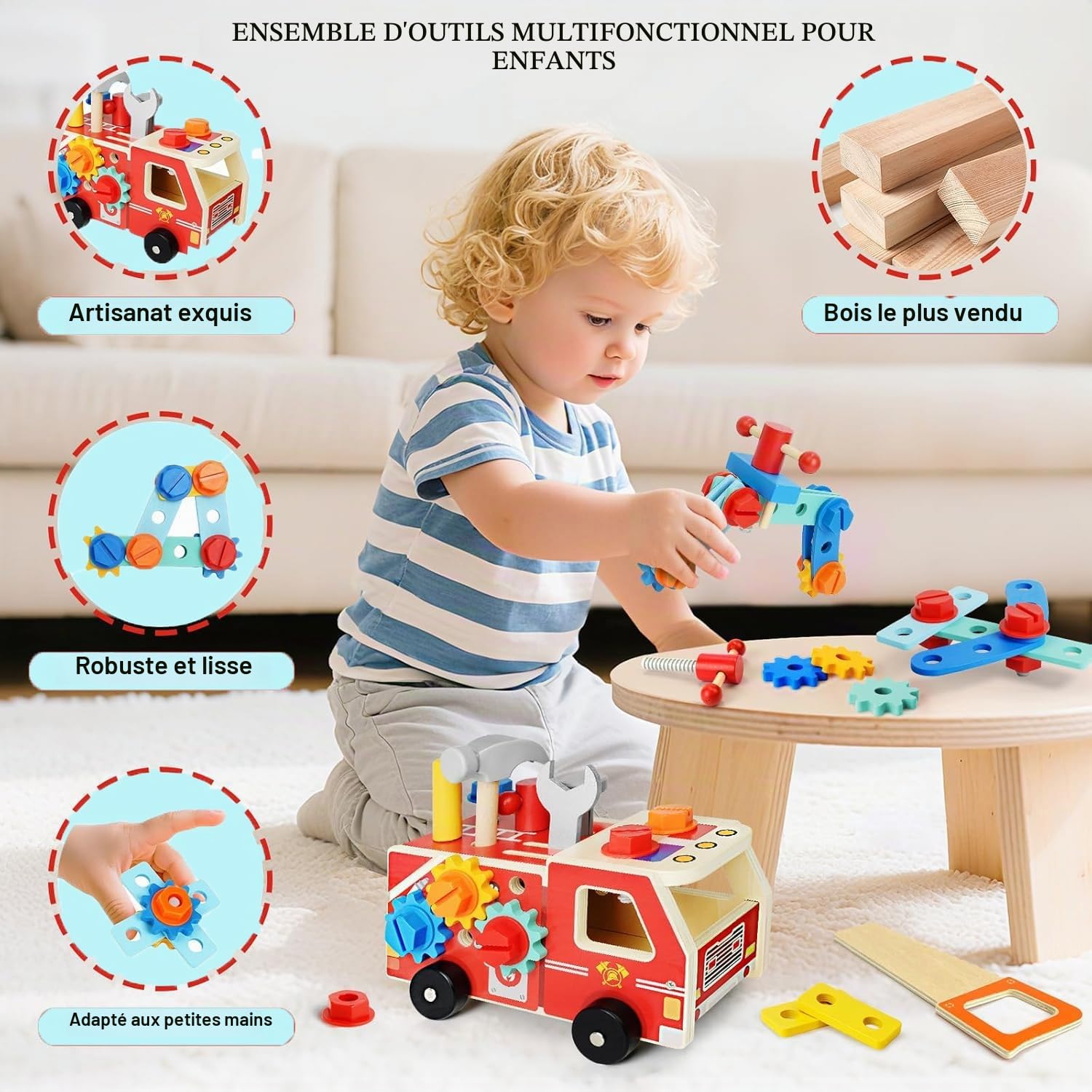 Jeu d'Outils en Bois pour Enfants, Camion de Pompier 4 en 1 Transformable en Établi avec Boîte à Outils, Jouets Montessori d'Imitation et de Bricolage, Cadeau Éducatif pour Garçons et Filles de 3+ Ans