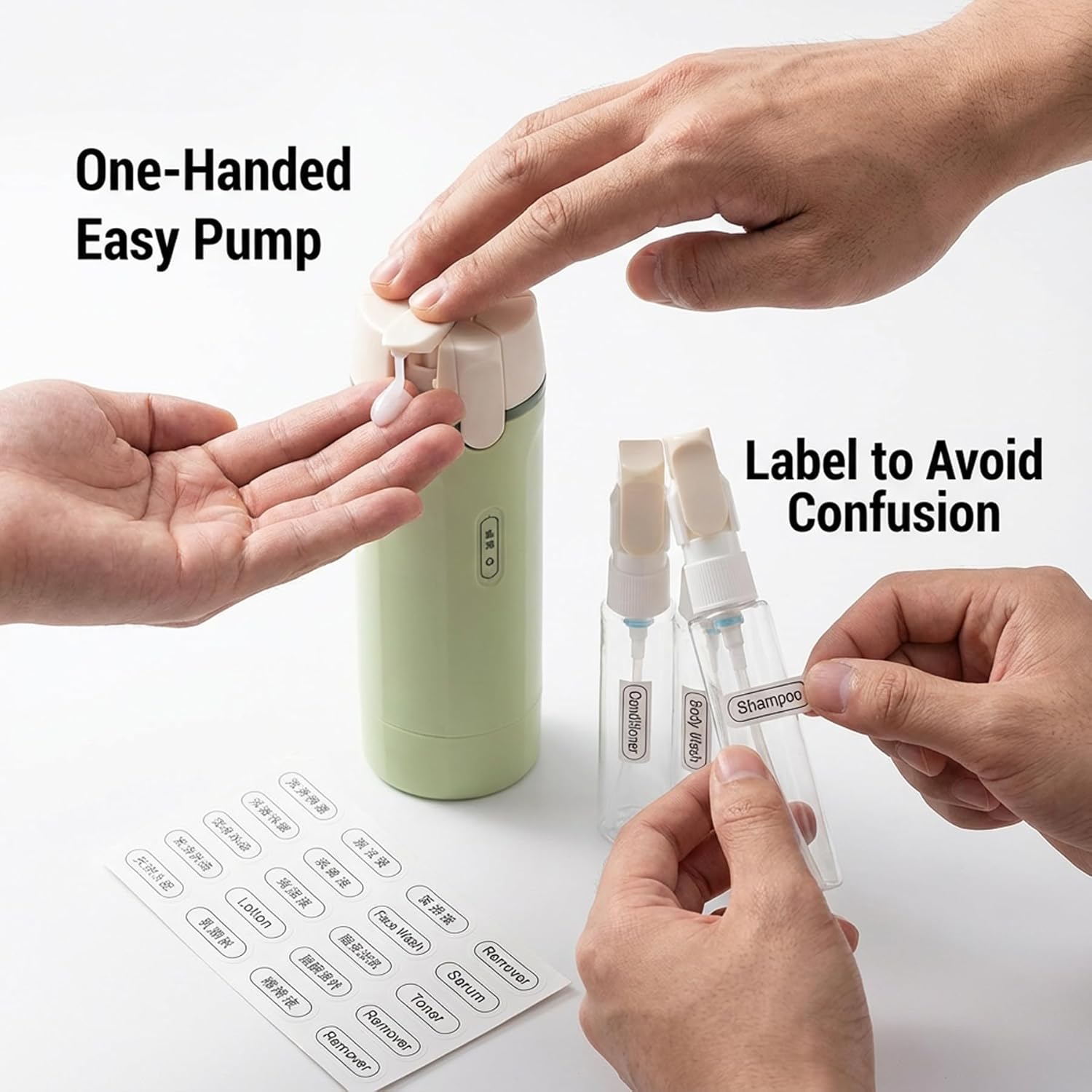 4 in 1 Travel Dispenser Bottle, 4-in-1 Refillable Travel Dispenser Bottles with Label for Shampoo Conditioner Body (White+Green)