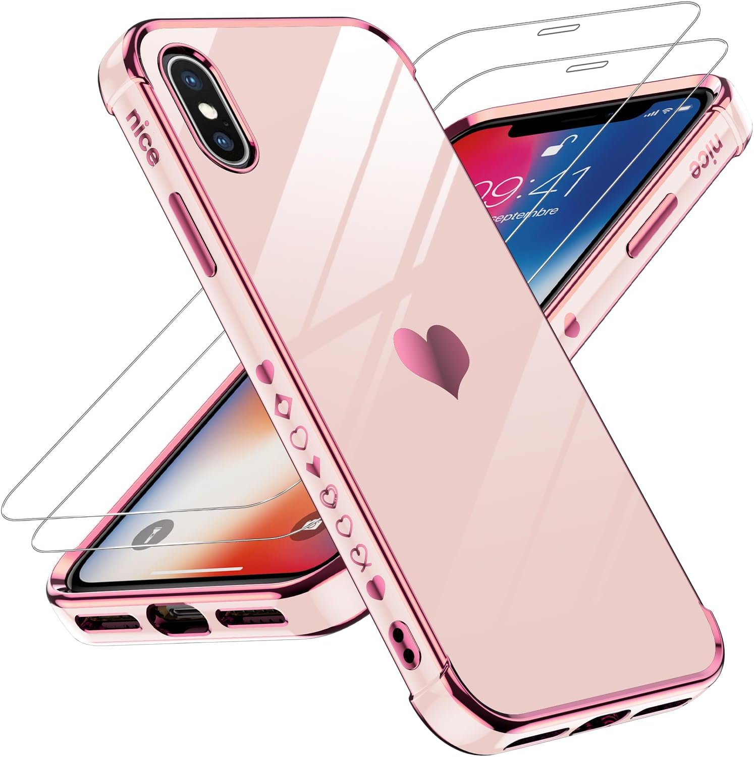 for iPhone-Xs-Case: for iPhone-X-Case with Screen Protector [2 Pack] + Full Camera Lens Protection, Love Heart PlatingCute Luxury Soft TPU Shockproof for i Phone X Phone Cover, Pink