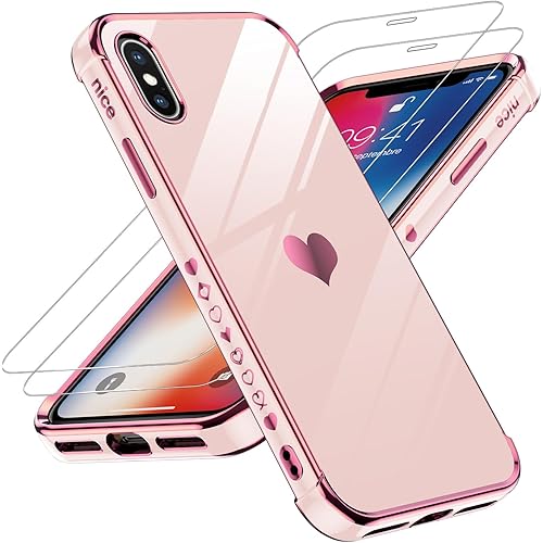 LeYi for iPhone-Xs-Case: for iPhone-X-Case with Screen Protector [2 Pack] + Full Camera Lens Protection, Love Heart PlatingCute Luxury Soft TPU Shockproof for i Phone X Phone Cover, Pink