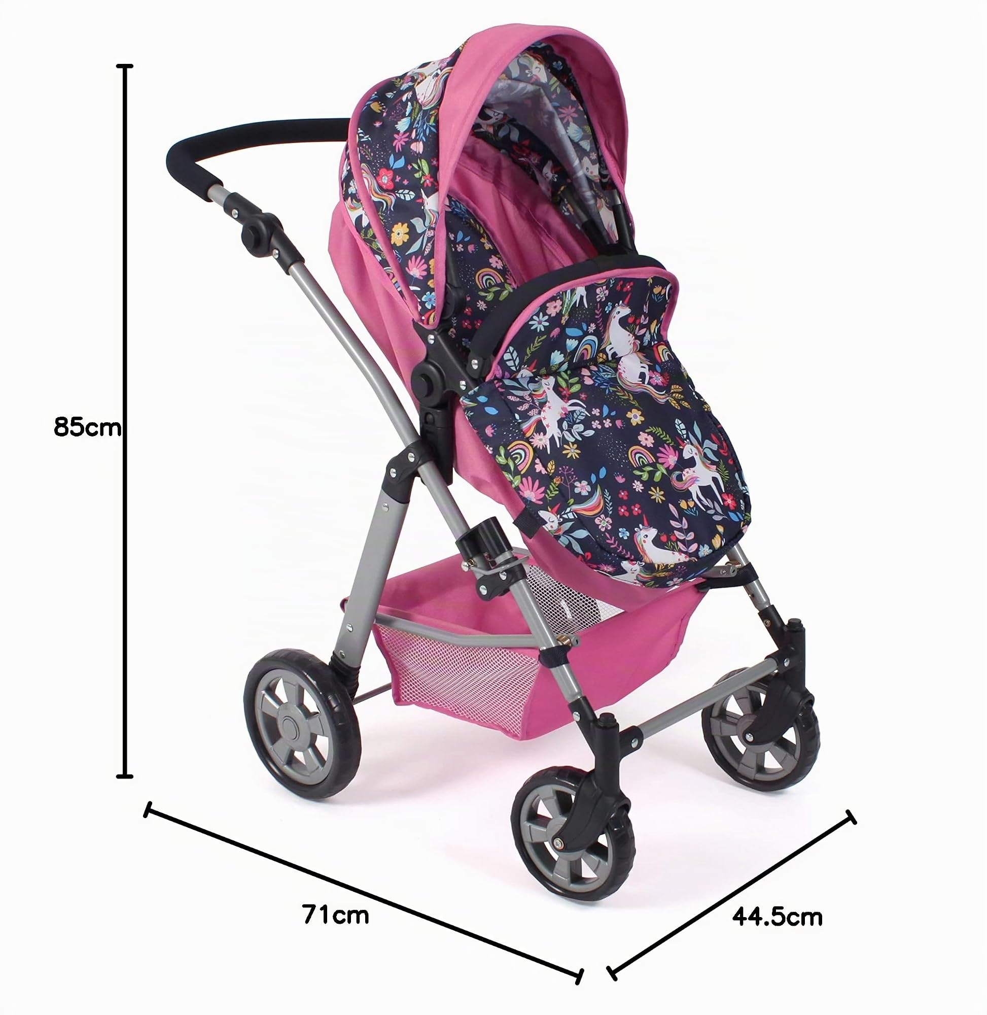 Bayer Chic 2000 - Passeggino per bambole Nele, 2 in 1 per bambini dai 4 agli 8 anni, unicorno, rosa navy, 568-43