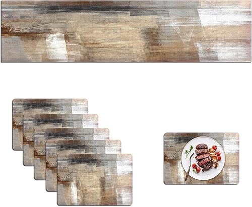 Mcalk Juego de 6 manteles individuales y manteles individuales marrones, manteles individuales beige de arte moderno, manteles individuales de tela