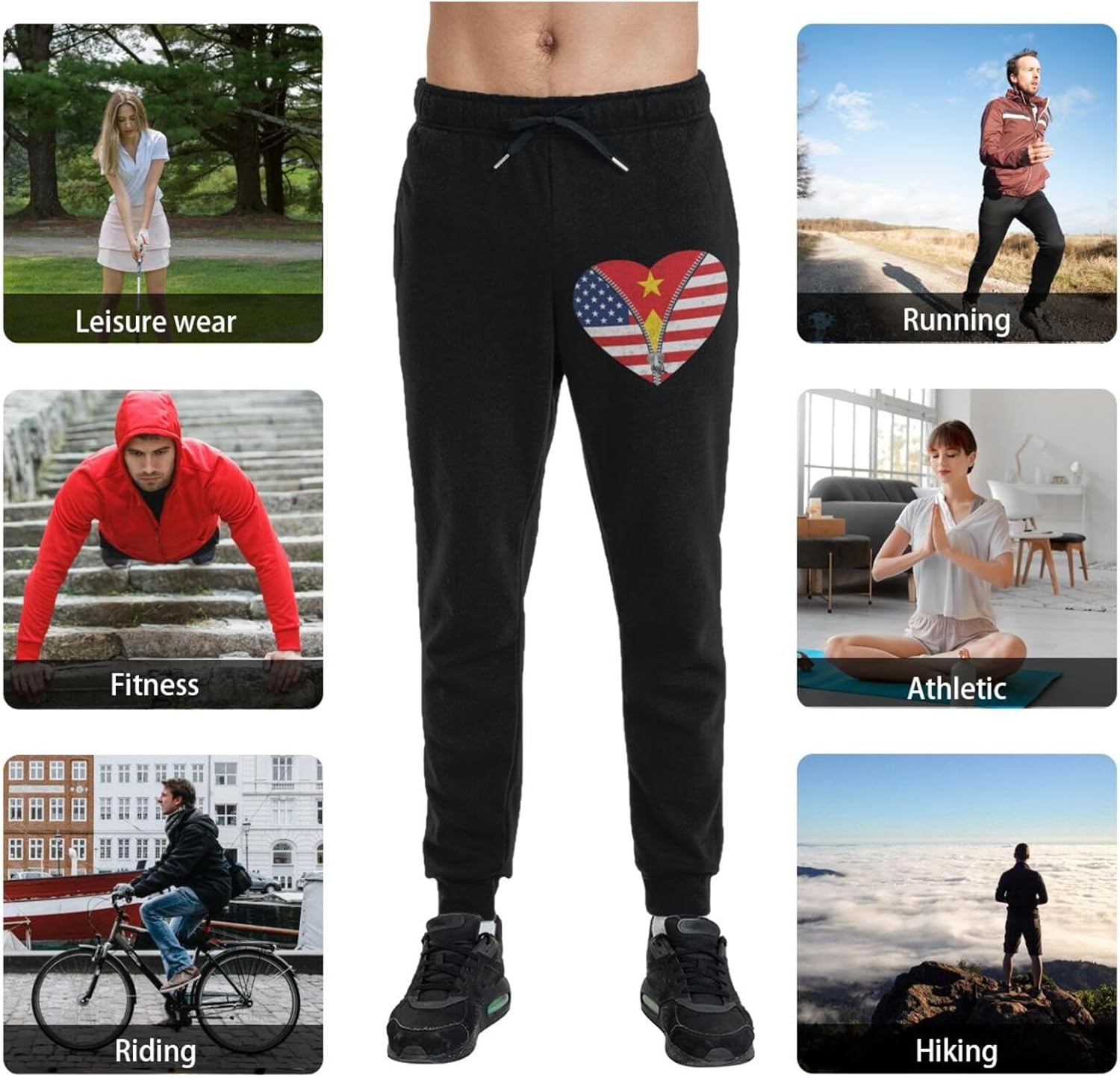 Heart American Flag and Tigray Flag Men's Long Pants Lightweight Quick Dry Gym Sports Pants