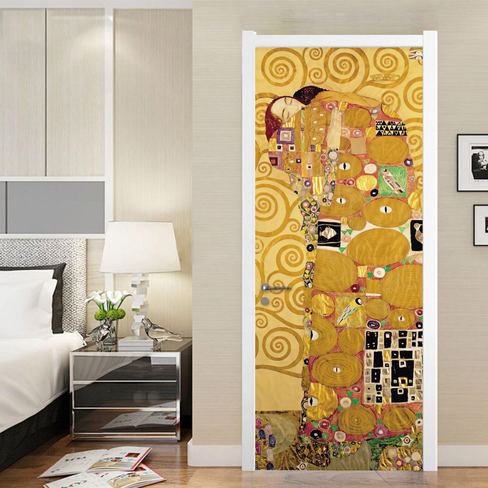 Mural na drzwi 77 x 200 cm Klimt Kiss naklejki na drzwi usuwalne wodoodporne DIY samoprzylepne naklejki artystyczne PCW, naklejka na drzwi do wystroju pokoju