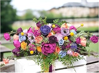 Artificial Flower Bouquet Spring Rose Silk Fake Fl Bright and Beautiful Wildflower Wedding Bouquet - Bella - Wood Flower - Silk Flower Wedding Bouquet - Coral - Purple -,One Colorpetite: 6