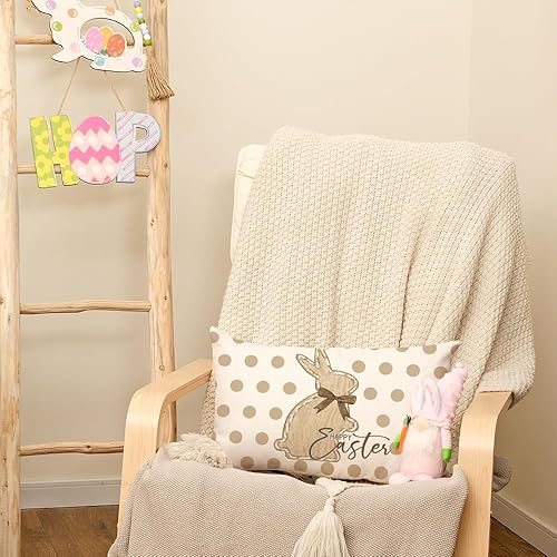 Miniatura 4 de AACORS AA443-12 - Funda de almohada de Pascua de 12 x 20 pulgadas, diseño de conejito de lunares, decoración de primavera, para decoración de sofá y