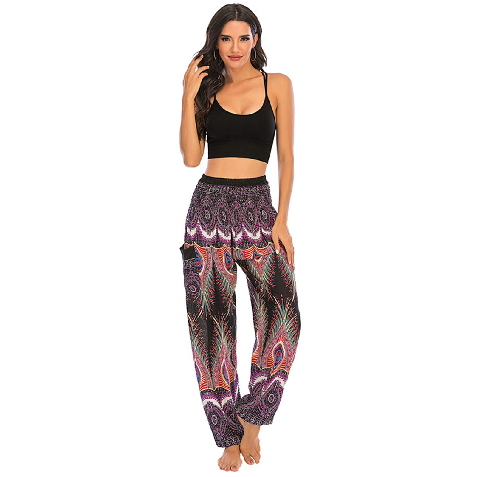Sarouel Femme Pantalon Hippie Élastique Pantalon Jogger Poche Baggy Taille Haute Gym Sport Lounge Pantalon pour Yoga Summer Plage 002-Taille Unique
