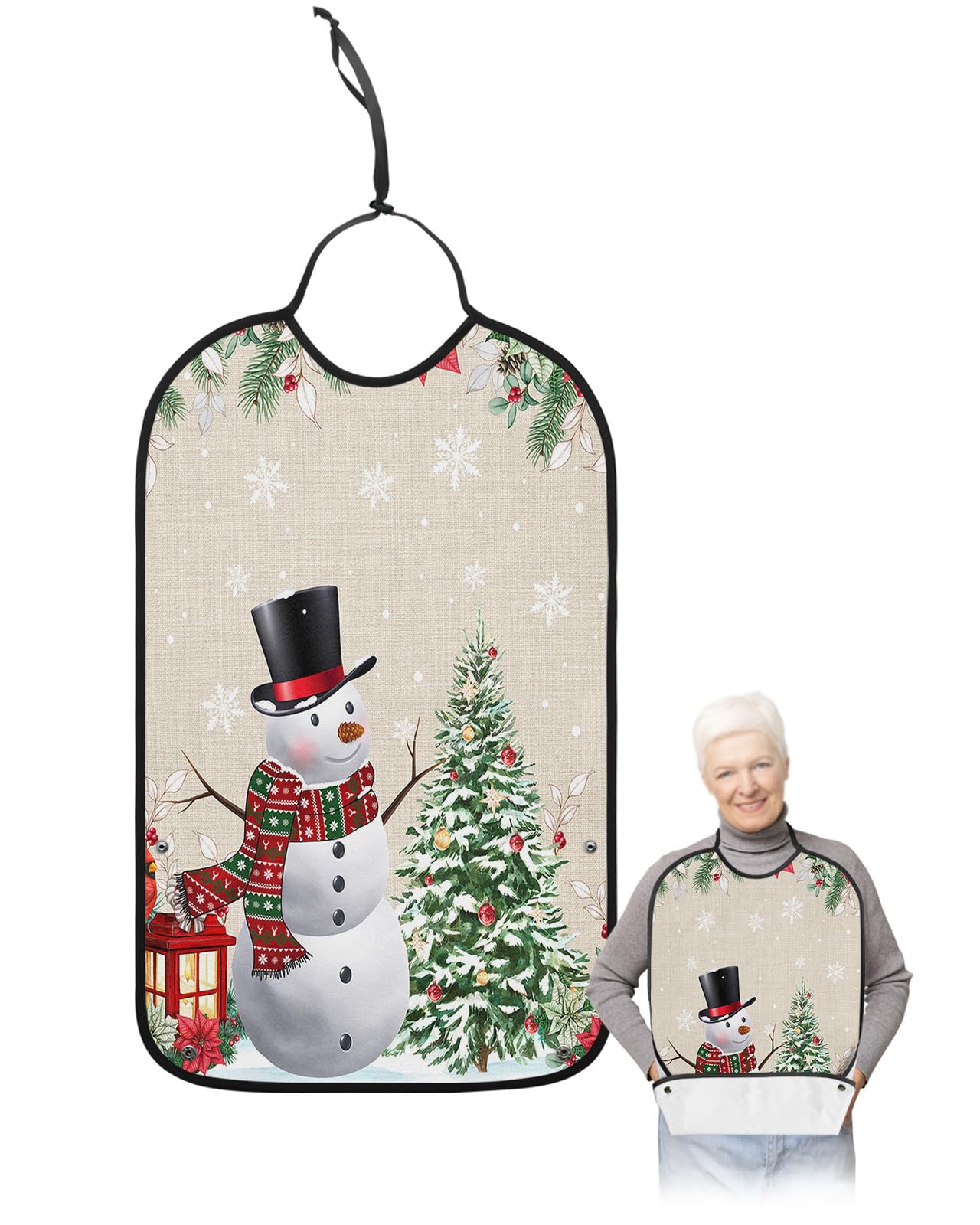 Winter Snowman Adult Bib for Eating with Crumb Catcher,Washable & Waterproof Terry Cloth Adjustable Elderly Women Men Adult Bibs Funny Clothing Protector Christmas Poinsettia Eucalyptus Leaf Snowflake
