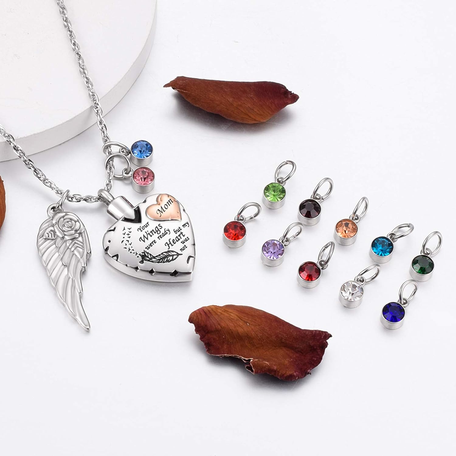 Dletay Heart Cremation Necklace for Ashes Cremation Jewelry with 12 Birthstones Urn Necklace for Ashes-Your Wings were Ready but My Heart was Not - Image 2