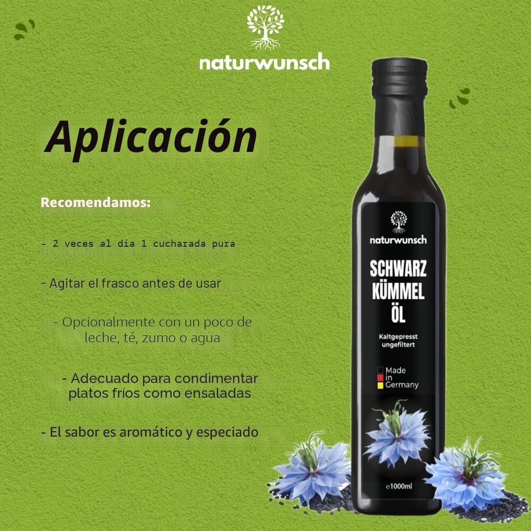naturwunsch Aceite de comino negro, 1000 ml, sin filtrar, prensado en frío, fabricado en Alemania, semillas egipcias Nigella sativa