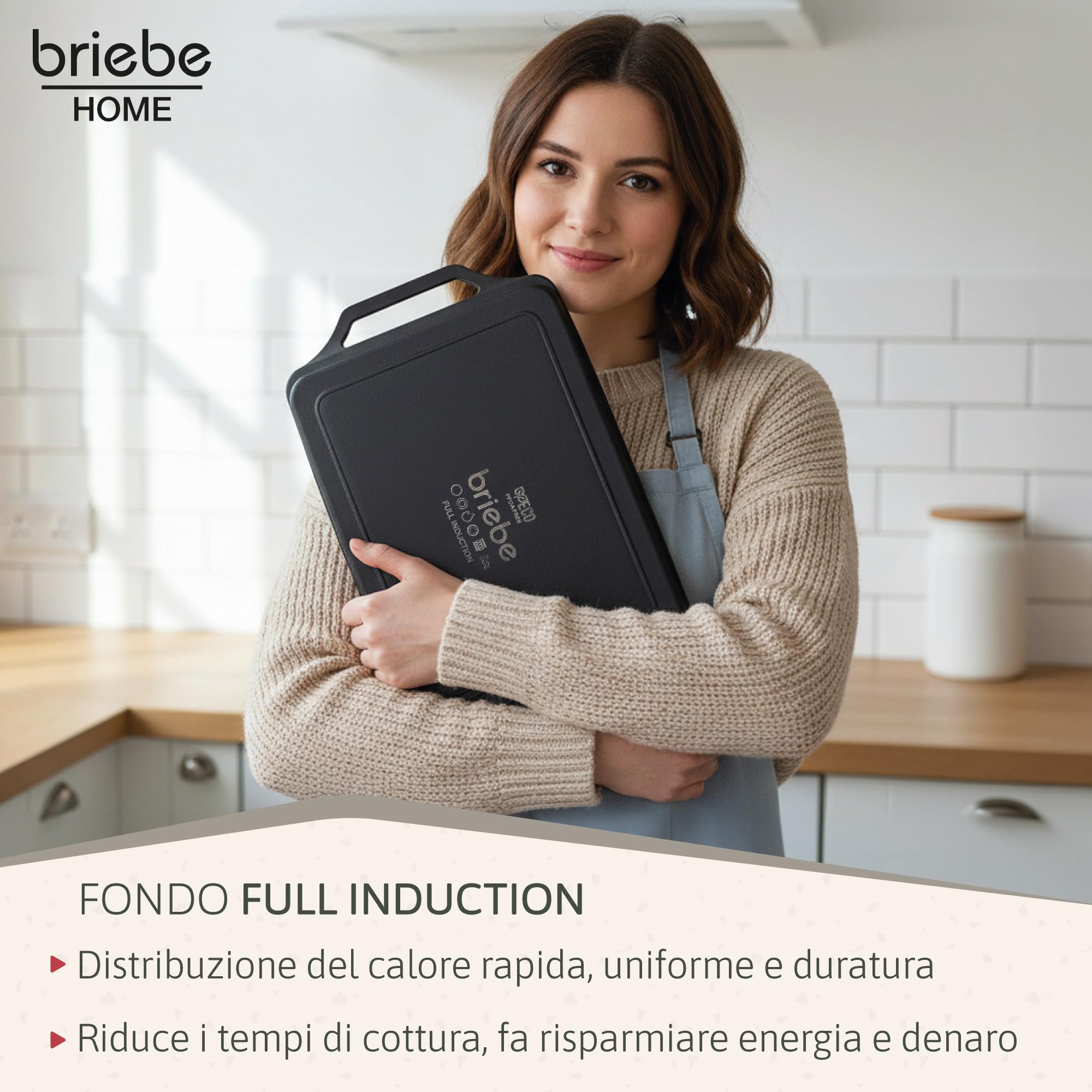briebe Black Titanium Bistecchiera Induzione, Antiaderente Titanio, Alluminio Fuso, Padella Piastra Griglia 43x25cm, Rivestimento senza PFOA, Manici in Silicone, Vitroceramica, Gas, Forno