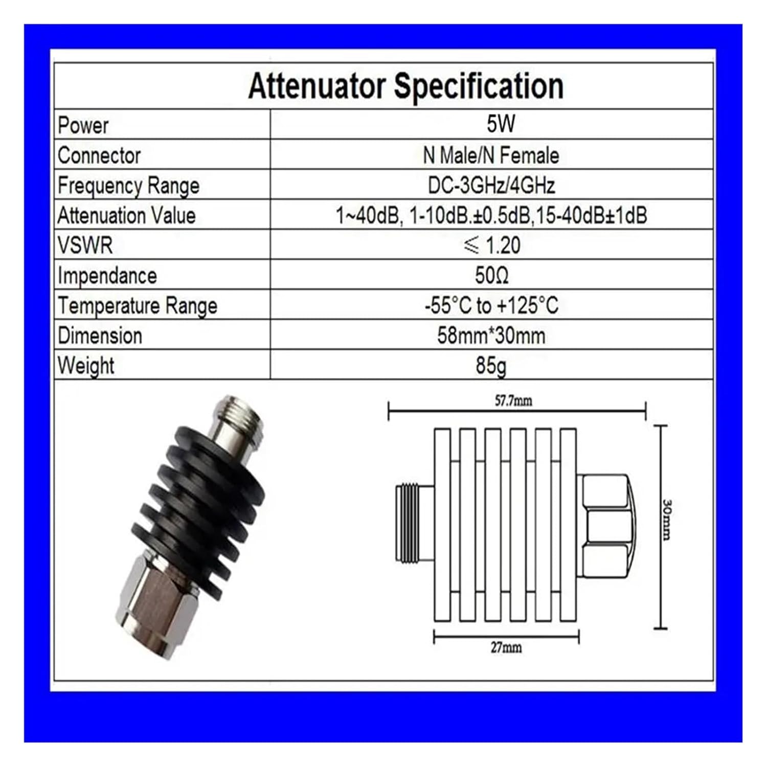 5W N Attenuator DC-3GHz/4GHz 1/2/3/5/6/10/15/20/30dB/40dB N Male to Female Coaxial Power Connector Male to Female 50ohm(15db,3G)