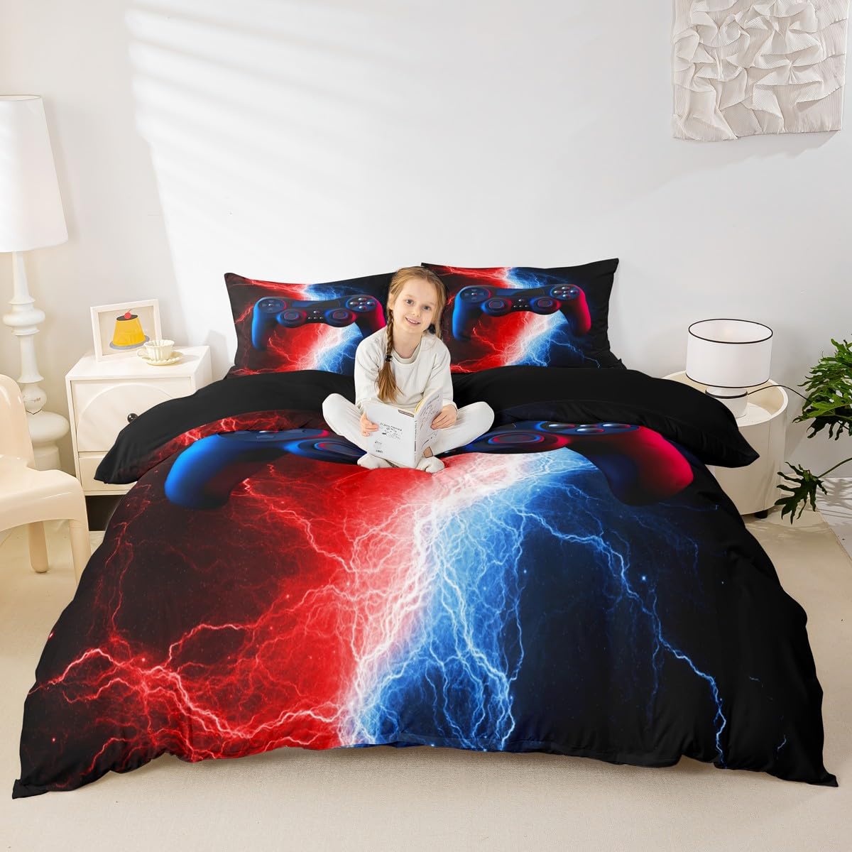 Juego de ropa de cama para niños, juego de cama para juegos de vídeo, juego de ropa de cama para chicos, hombres y adolescentes, funda nórdica de color rojo y azul, con funda de almohada, 155 x 220 cm